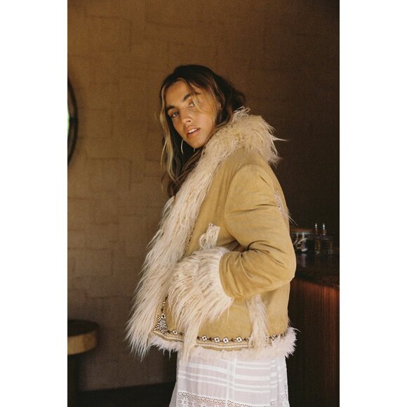 NWT Spell “Joplin” Hazelnut Faux Suede Embroidered Back & Faux Fur Trim Cropped - Picture 7 of 16